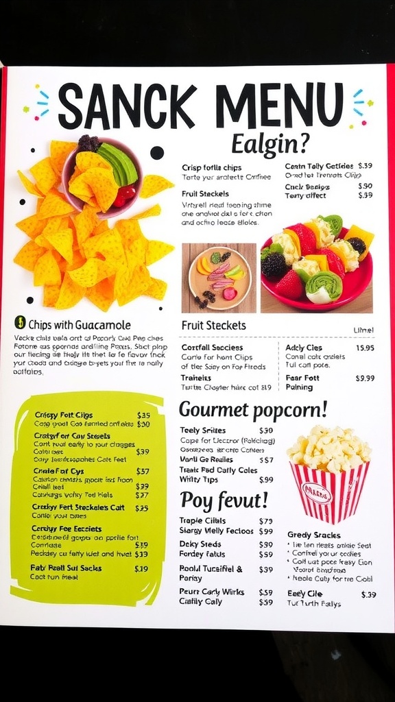 An appealing snack menu displaying various snacks like chips, fruit skewers, and popcorn.